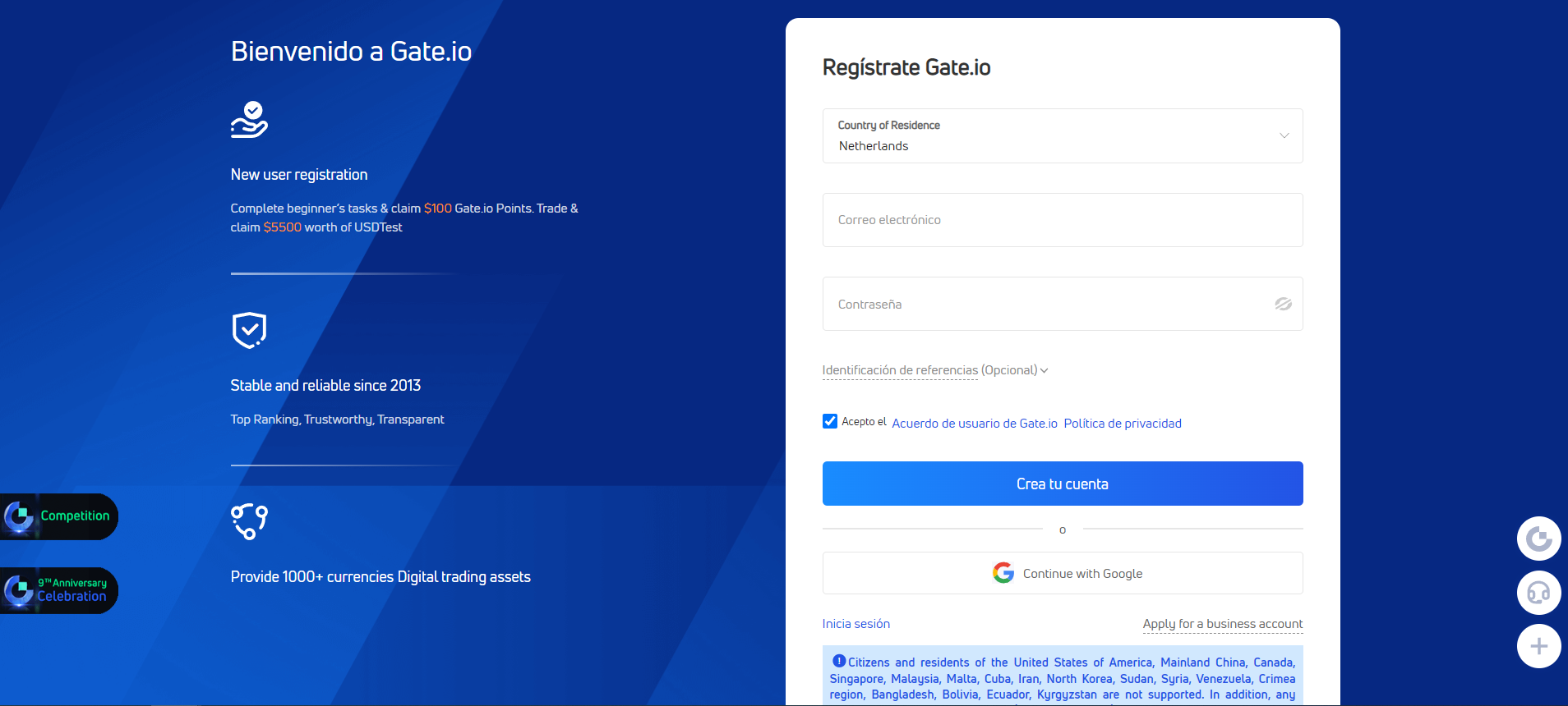 Registro en la bolsa Gate.io