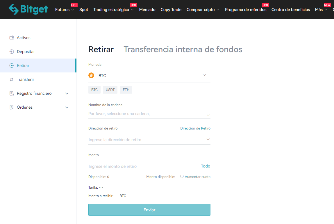 Retirar fondos de la bolsa de Bitget