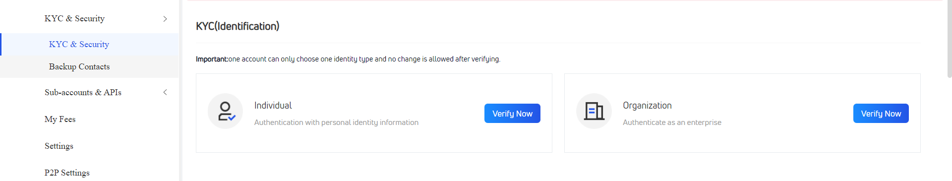 In the KYC & Security tab, click Verify Now button
